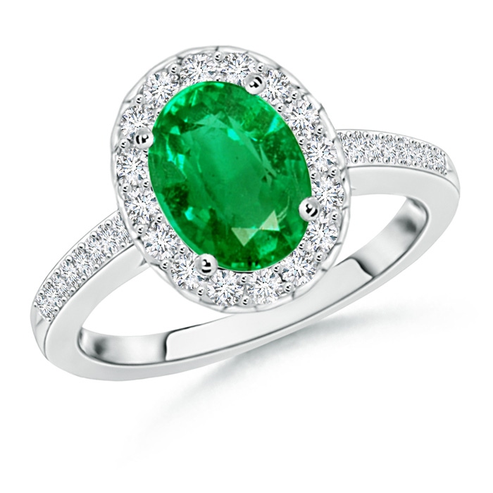 9x7mm AAA Classic Oval Emerald Halo Ring with Diamond Accents in White Gold 