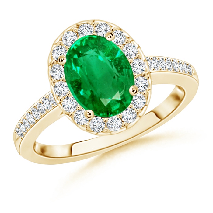 9x7mm AAA Classic Oval Emerald Halo Ring with Diamond Accents in Yellow Gold 