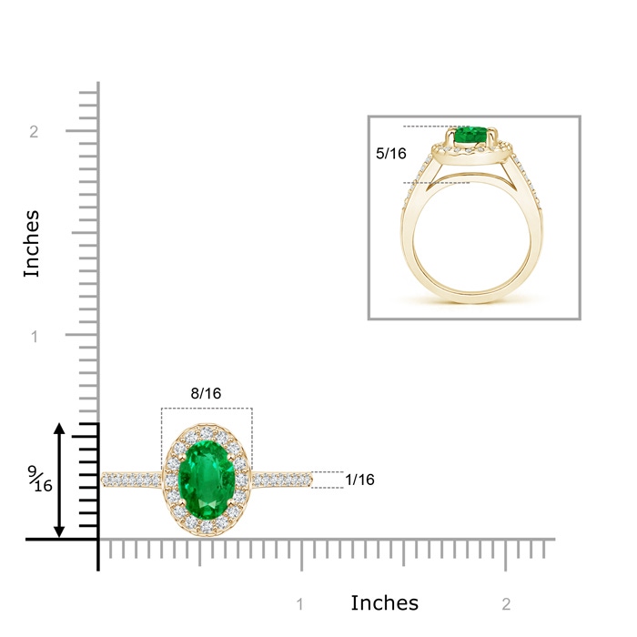 9x7mm AAA Classic Oval Emerald Halo Ring with Diamond Accents in Yellow Gold ruler