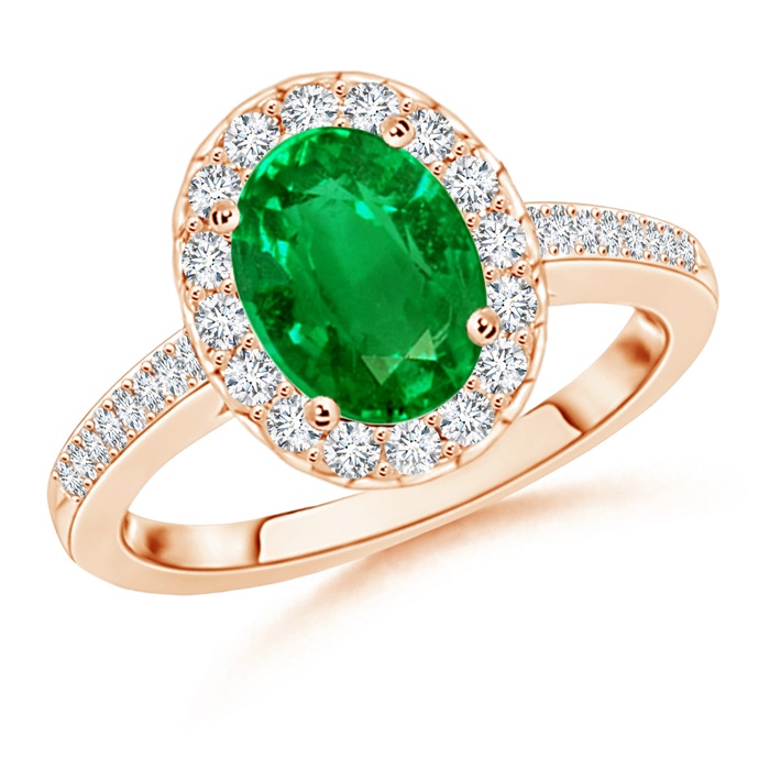 9x7mm AAAA Classic Oval Emerald Halo Ring with Diamond Accents in Rose Gold 