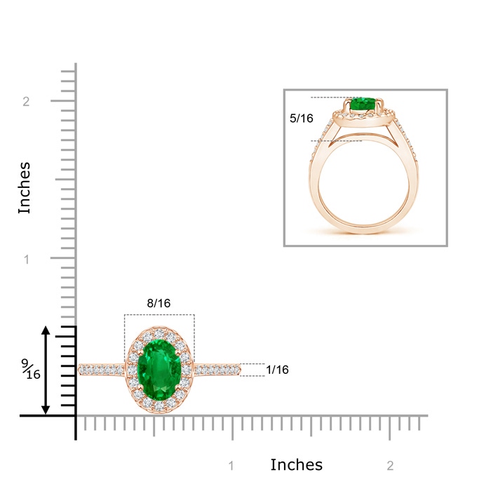 9x7mm AAAA Classic Oval Emerald Halo Ring with Diamond Accents in Rose Gold ruler