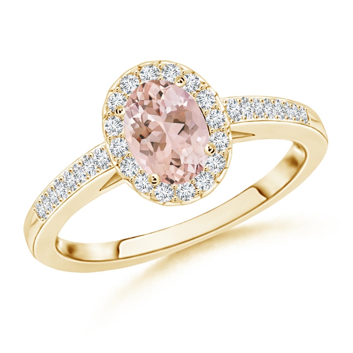 7x5mm AAAA Classic Oval Morganite Halo Ring with Diamond Accents in Yellow Gold