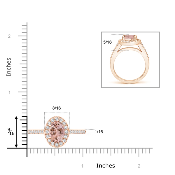 9x7mm AAAA Classic Oval Morganite Halo Ring with Diamond Accents in Rose Gold Ruler