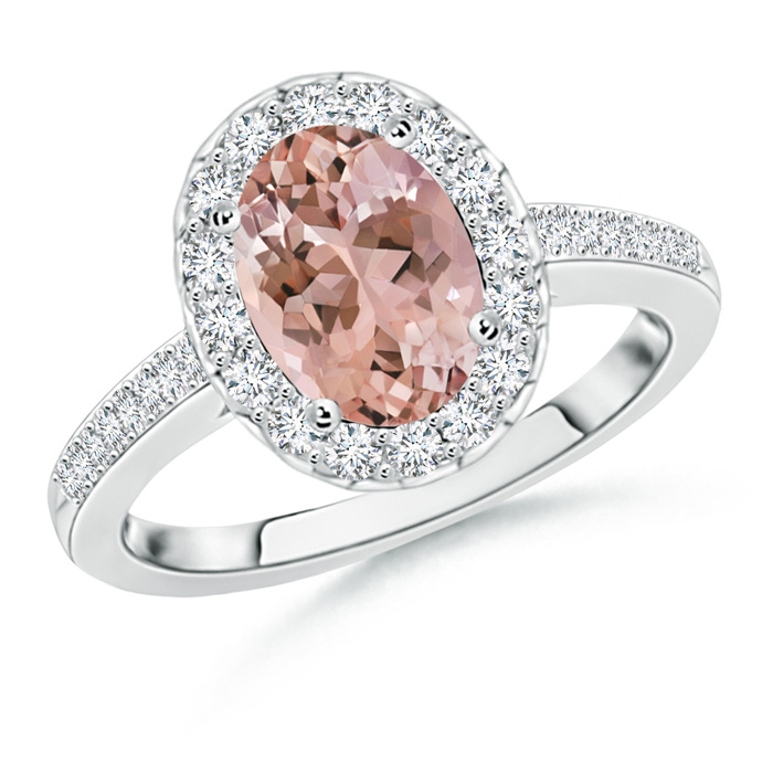 9x7mm AAAA Classic Oval Morganite Halo Ring with Diamond Accents in White Gold