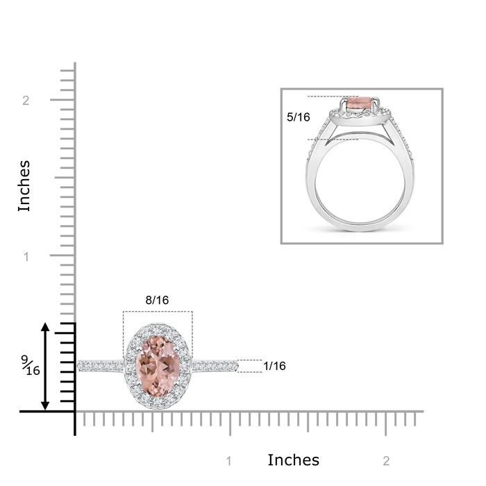 9x7mm AAAA Classic Oval Morganite Halo Ring with Diamond Accents in White Gold ruler