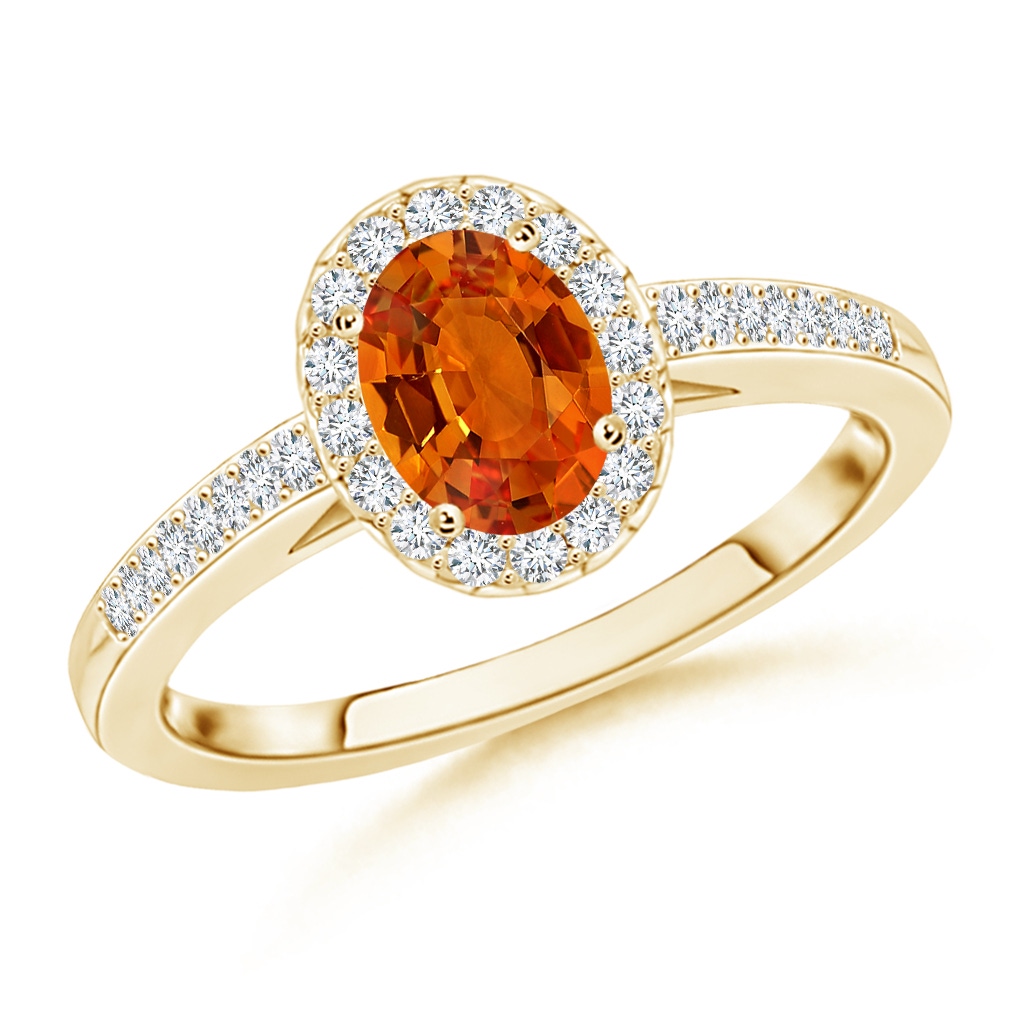 6x4mm AAAA Classic Oval Orange Sapphire Halo Ring with Diamond Accents in Yellow Gold