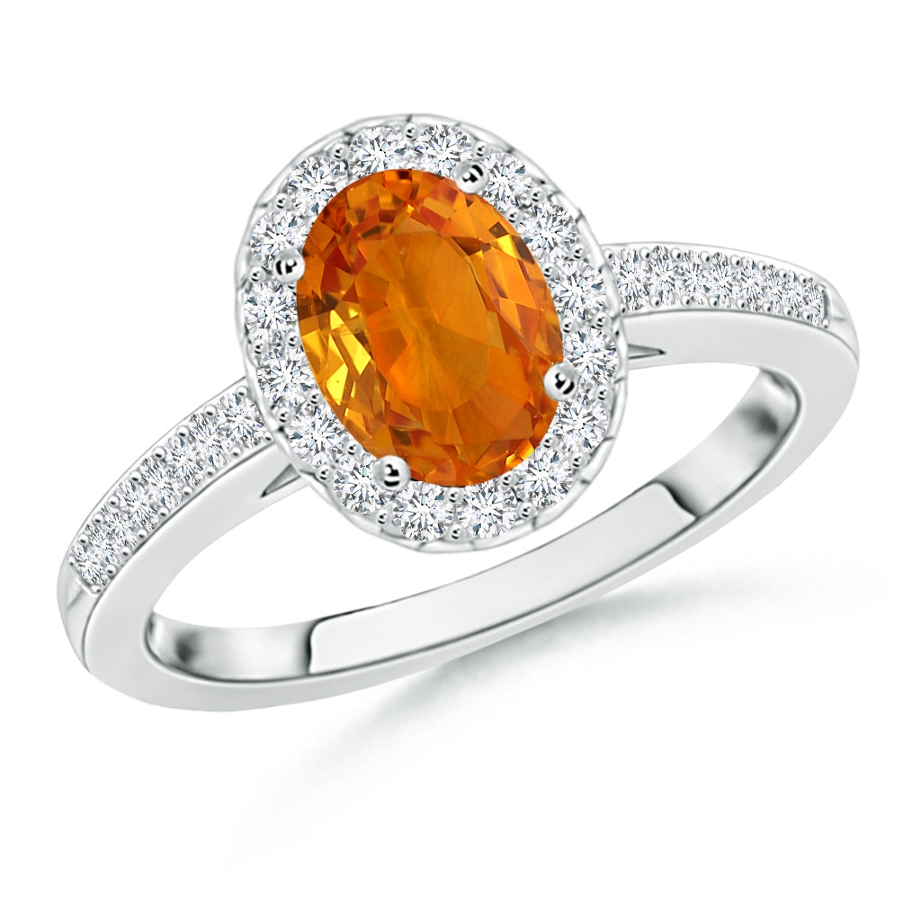 7x5mm AAA Classic Oval Orange Sapphire Halo Ring with Diamond Accents in White Gold