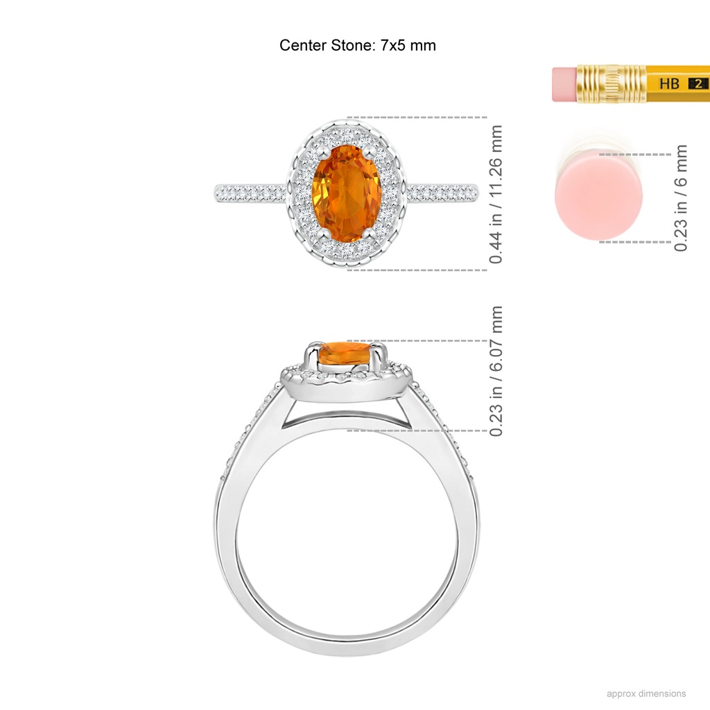 7x5mm AAA Classic Oval Orange Sapphire Halo Ring with Diamond Accents in White Gold Ruler
