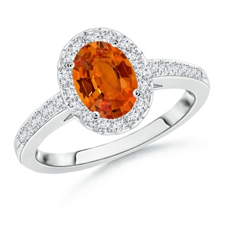 7x5mm AAAA Classic Oval Orange Sapphire Halo Ring with Diamond Accents in P950 Platinum