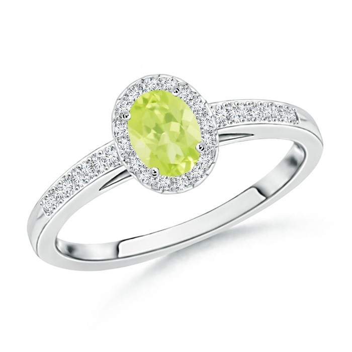 5x3mm A Classic Oval Peridot Halo Ring with Diamond Accents in P950 Platinum 