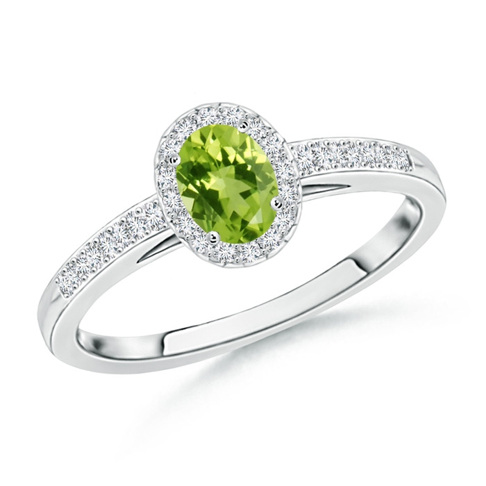 5x3mm AAA Classic Oval Peridot Halo Ring with Diamond Accents in White Gold