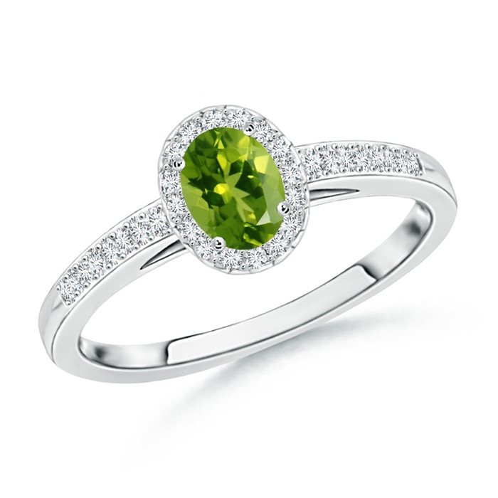 5x3mm AAAA Classic Oval Peridot Halo Ring with Diamond Accents in P950 Platinum