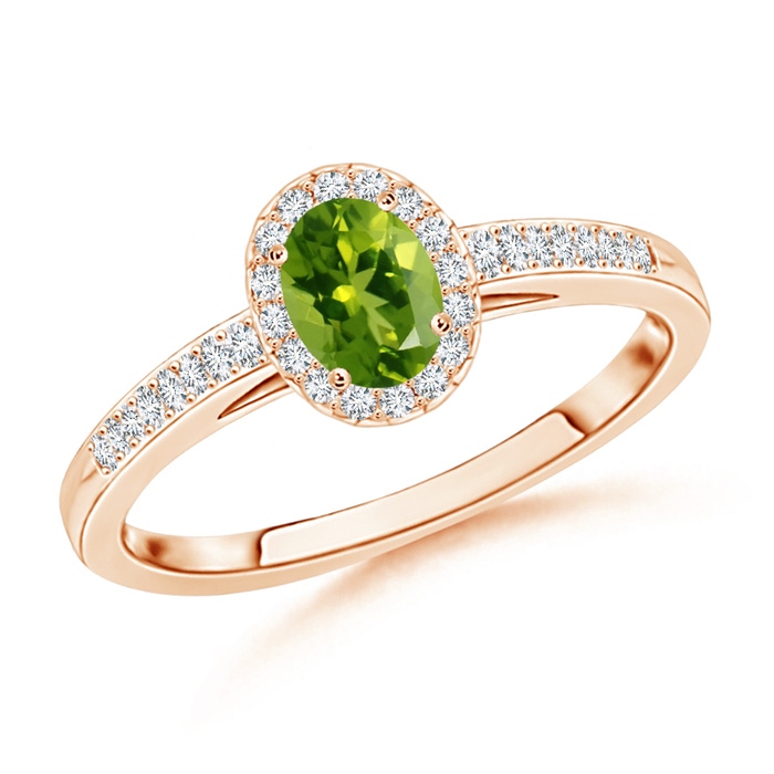 5x3mm AAAA Classic Oval Peridot Halo Ring with Diamond Accents in Rose Gold 