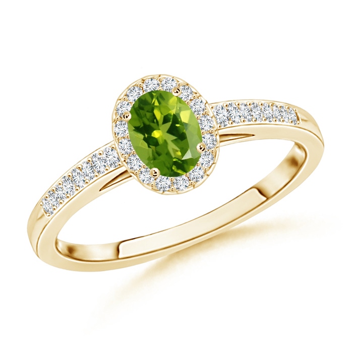 5x3mm AAAA Classic Oval Peridot Halo Ring with Diamond Accents in Yellow Gold