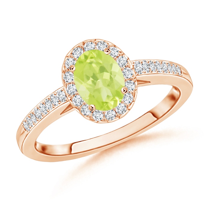 6x4mm A Classic Oval Peridot Halo Ring with Diamond Accents in Rose Gold 
