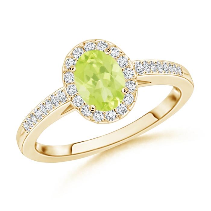 6x4mm A Classic Oval Peridot Halo Ring with Diamond Accents in Yellow Gold 