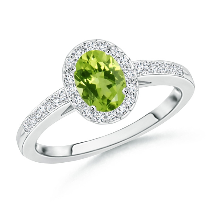 6x4mm AAA Classic Oval Peridot Halo Ring with Diamond Accents in White Gold