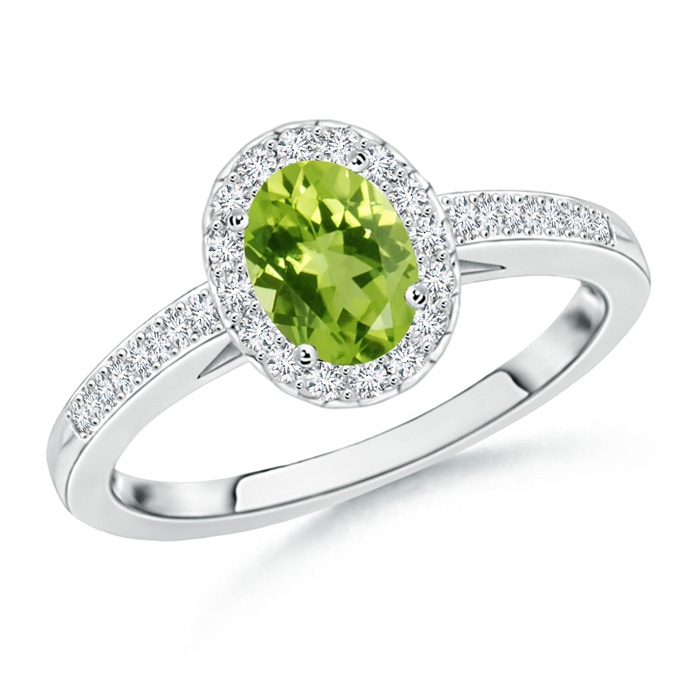 7x5mm AAA Classic Oval Peridot Halo Ring with Diamond Accents in White Gold 