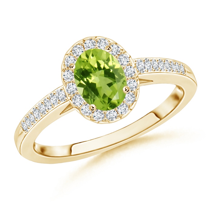 7x5mm AAA Classic Oval Peridot Halo Ring with Diamond Accents in Yellow Gold 