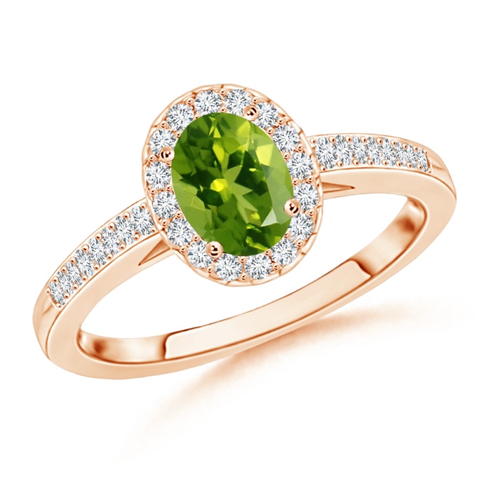 7x5mm AAAA Classic Oval Peridot Halo Ring with Diamond Accents in Rose Gold 