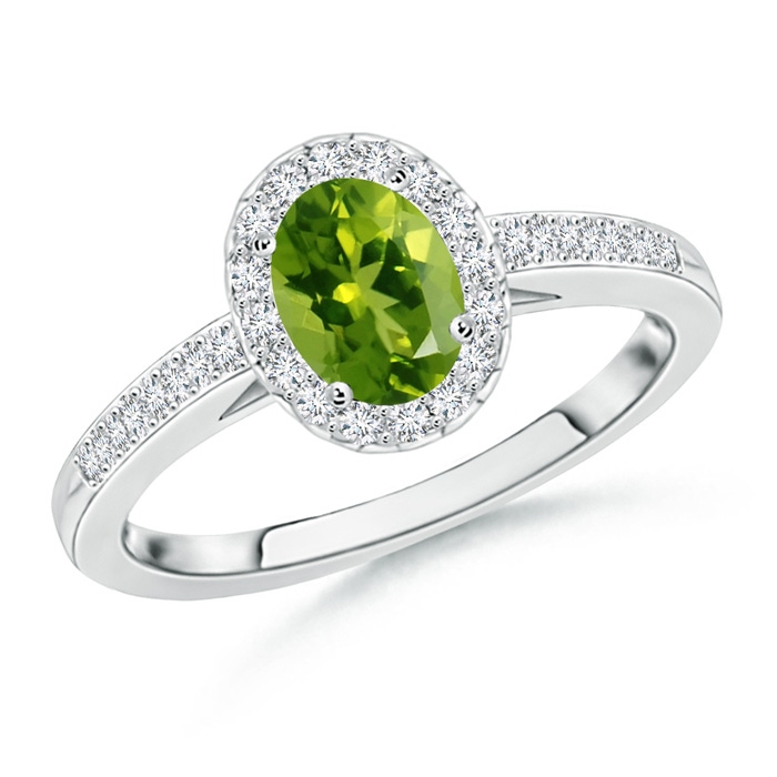 7x5mm AAAA Classic Oval Peridot Halo Ring with Diamond Accents in White Gold 