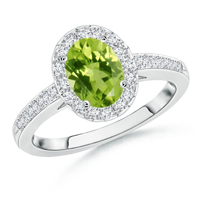 8x6mm AAA Classic Oval Peridot Halo Ring with Diamond Accents in White Gold 