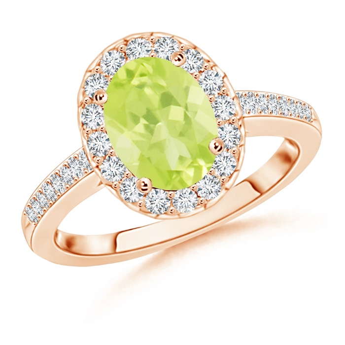 9x7mm A Classic Oval Peridot Halo Ring with Diamond Accents in Rose Gold 