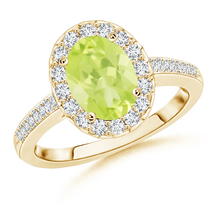 9x7mm A Classic Oval Peridot Halo Ring with Diamond Accents in Yellow Gold 