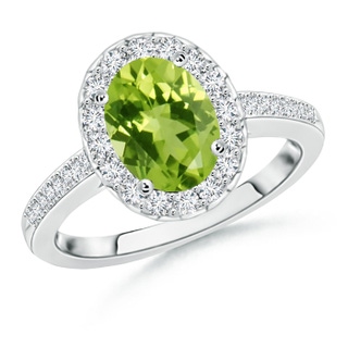9x7mm AAA Classic Oval Peridot Halo Ring with Diamond Accents in White Gold