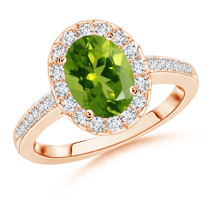 9x7mm AAAA Classic Oval Peridot Halo Ring with Diamond Accents in Rose Gold 