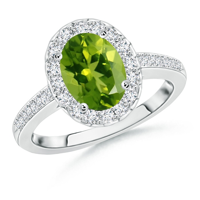9x7mm AAAA Classic Oval Peridot Halo Ring with Diamond Accents in White Gold 