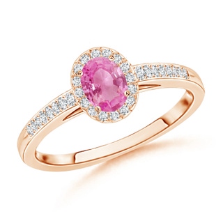 5x3mm AA Classic Oval Pink Sapphire Halo Ring with Diamond Accents in Rose Gold