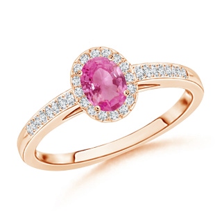 5x3mm AAA Classic Oval Pink Sapphire Halo Ring with Diamond Accents in 9K Rose Gold