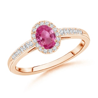 5x3mm AAAA Classic Oval Pink Sapphire Halo Ring with Diamond Accents in 9K Rose Gold