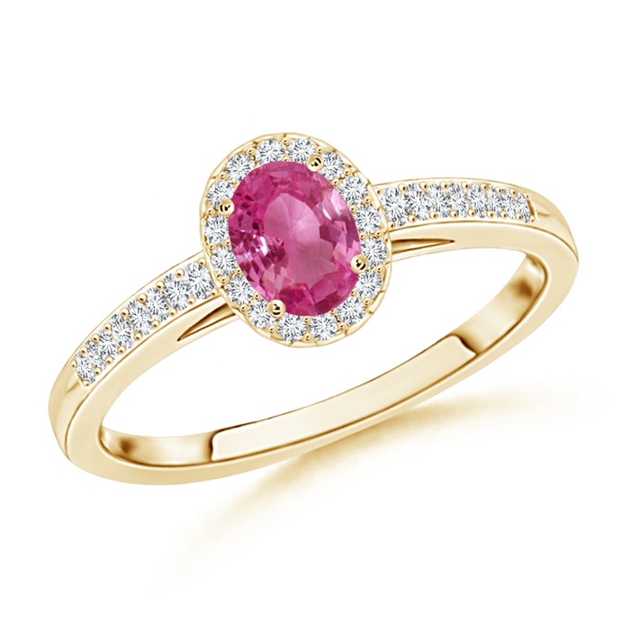 5x3mm AAAA Classic Oval Pink Sapphire Halo Ring with Diamond Accents in Yellow Gold