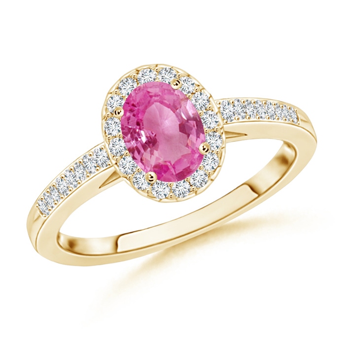 6x4mm AAA Classic Oval Pink Sapphire Halo Ring with Diamond Accents in 9K Yellow Gold 