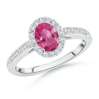 7x5mm AAAA Classic Oval Pink Sapphire Halo Ring with Diamond Accents in P950 Platinum