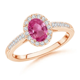 7x5mm AAAA Classic Oval Pink Sapphire Halo Ring with Diamond Accents in Rose Gold