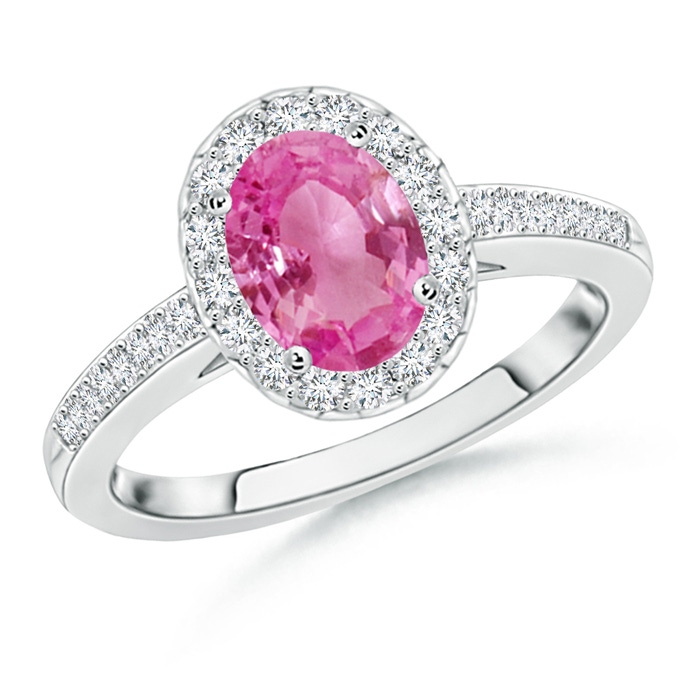8x6mm AAA Classic Oval Pink Sapphire Halo Ring with Diamond Accents in 10K White Gold