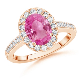 9x7mm AAA Classic Oval Pink Sapphire Halo Ring with Diamond Accents in Rose Gold