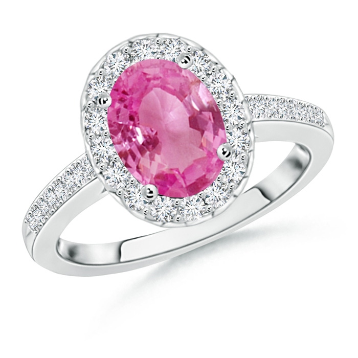 9x7mm AAA Classic Oval Pink Sapphire Halo Ring with Diamond Accents in White Gold