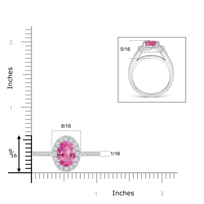 9x7mm AAA Classic Oval Pink Sapphire Halo Ring with Diamond Accents in White Gold Ruler