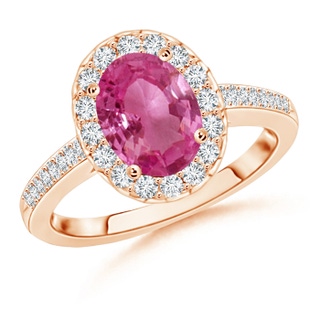 9x7mm AAAA Classic Oval Pink Sapphire Halo Ring with Diamond Accents in Rose Gold