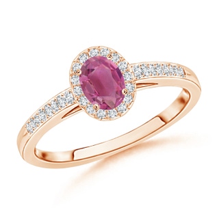 5x3mm AAA Classic Oval Pink Tourmaline Halo Ring with Diamond Accents in Rose Gold