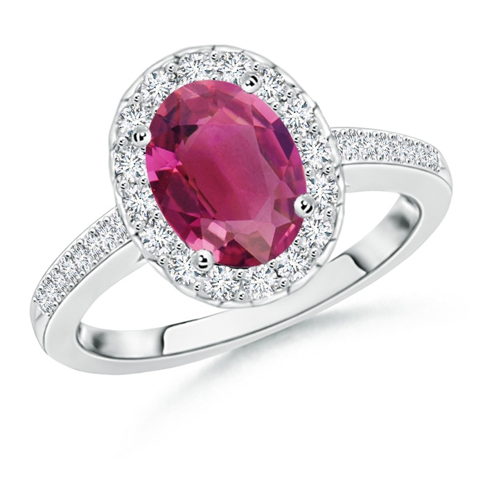 9x7mm AAAA Classic Oval Pink Tourmaline Halo Ring with Diamond Accents in White Gold