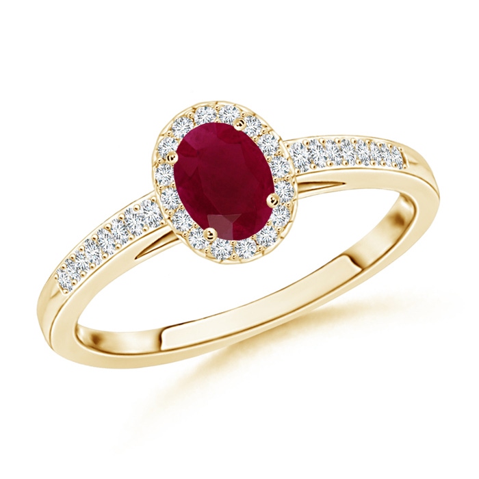 5x3mm A Classic Oval Ruby Halo Ring with Diamond Accents in Yellow Gold 