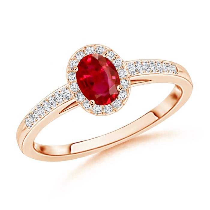 5x3mm AAA Classic Oval Ruby Halo Ring with Diamond Accents in Rose Gold 