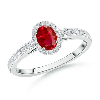 5x3mm AAA Classic Oval Ruby Halo Ring with Diamond Accents in White Gold