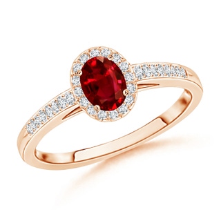5x3mm AAAA Classic Oval Ruby Halo Ring with Diamond Accents in 10K Rose Gold