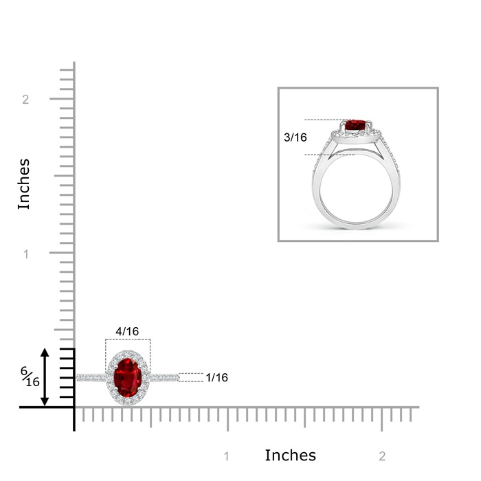 5x3mm AAAA Classic Oval Ruby Halo Ring with Diamond Accents in P950 Platinum ruler